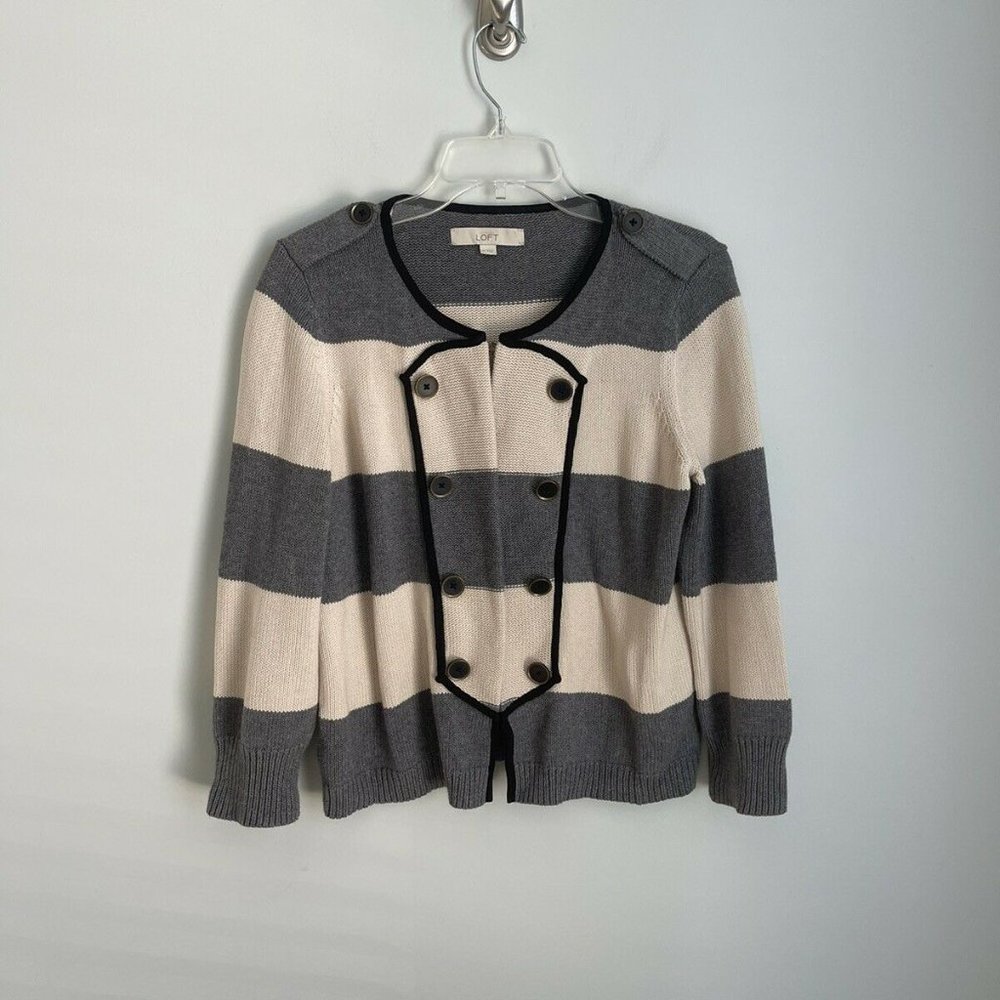 LOFT Gray Ivory Striped Cardigan Sweater